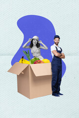 Sticker - Vertical collage of excited mini black white colors girl big opened carton box fruits vegetables confident courier man isolated on paper background