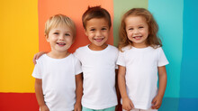 Little Boys And Girl Wearing White T-shirts Standing In Front Of Colorful Background, Blank Shirts With No Print, 3 Years Old Smiling Toddlers, Photo For Apparel Mock-up