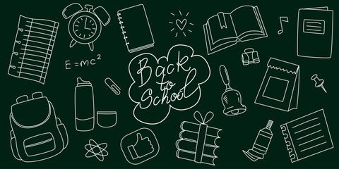 Lettering Back to school surrounded by school supplies. vector editorial stroke