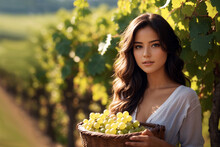 Woman With Basket Of Grapes In The Vineyard
