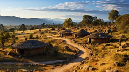 Sticker - Ethiopian Traditional Huts in the Central Highlands, adorned with round thatched roofs. Crafted from grass harvested at the end of the wet season, these huts boast walls made of sticks, coarse planks,