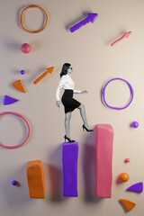 Sticker - Banner collage 3d image of purposeful successful lady climb graphic professional progress improving isolated on painted background