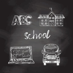 Back to School, hand drawn school sketch set. Doodle lettering and school object collection on chalkboard background. Education Concept. Back to School.
