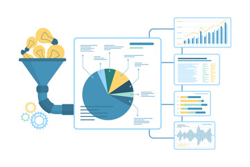 funnel for information and idea conversion vector illustration. cartoon filter with light bulbs and 