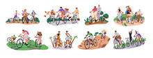People Cycling On Bicycles Set. Happy Cyclists Riding Bikes In Nature, Road, Mountains. Active Family, Friends, Couple Travel On Summer Holiday. Flat Vector Illustrations Isolated On White Background