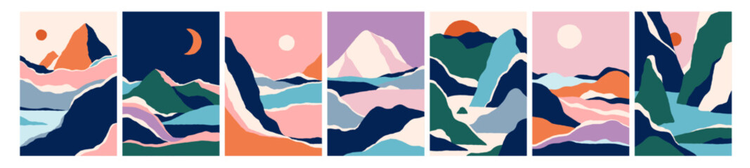 Poster - Abstract landscapes set. Nature cards, vertical natural backgrounds. Oriental posters, wall arts with sun, moon, mountains, hills at sunrise, sunset in modern style. Trendy flat vector illustrations
