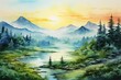painted landscape of mountains, sunset and forest in watercolor