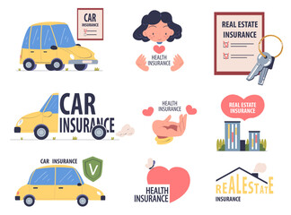 Wall Mural - Insurance of Health, Car and Real Estate as Security and Protection from Loss Vector Set