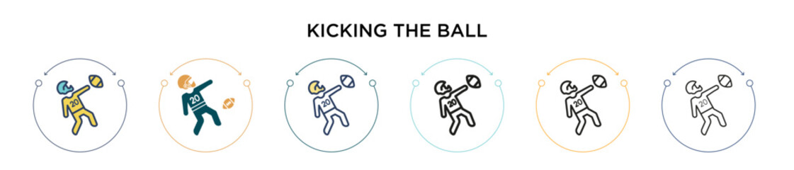 Kicking the ball icon in filled, thin line, outline and stroke style. Vector illustration of two colored and black kicking the ball vector icons designs can be used for mobile, ui, web