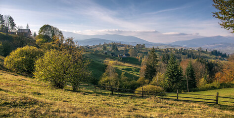 Aufkleber - Stunning nature landscape. Panorama of beautiful countryside of Ukraine. Wonderful springtime landscape in mountains. View on grassy valley and rolling hills. rural scenery