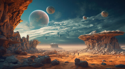 Wall Mural - Fantastic art wallpaper. Alien landscape. Sci-fi illustration. Strange rock formations. Alien sky. Fantasy scene.