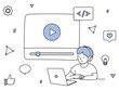 手描きラインアート｜ヘッドフォンをつけてパソコンで動画配信を観ている若い男性