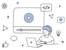 手描きラインアート｜ヘッドフォンをつけてパソコンで動画配信を観ている若い男性