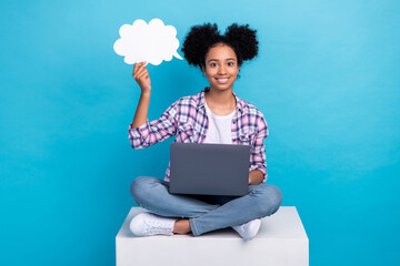 Sticker - Photo of dreamy shiny girl dressed checkered shirt texting modern gadget mind cloud empty space isolated blue color background