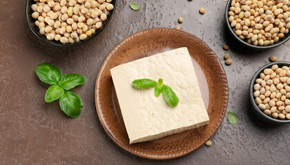Canvas Print - Delicious tofu cheese, basil and soybeans on brown textured table, flat lay