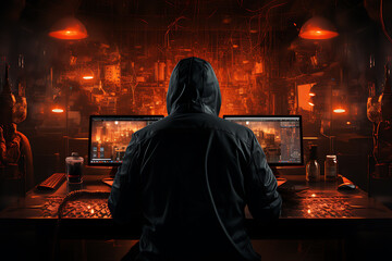 hacker sitting at the computer, cyber security and anti-spyware concept 