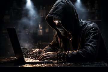 hacker sitting at the computer, cyber security and anti-spyware concept 