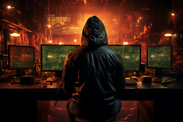 hacker sitting at the computer, cyber security and anti-spyware concept 