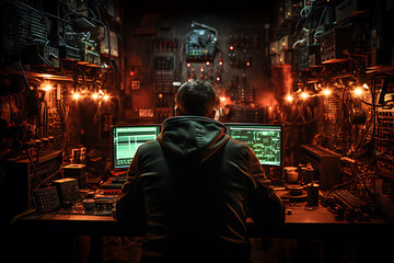 hacker sitting at the computer, cyber security and anti-spyware concept 