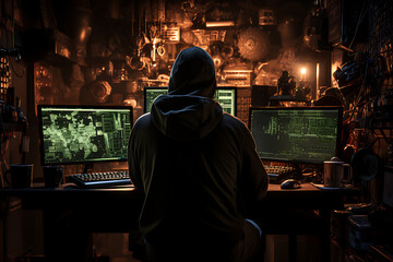 hacker sitting at the computer, cyber security and anti-spyware concept 