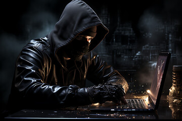 hacker sitting at the computer, cyber security and anti-spyware concept 