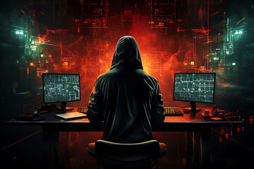hacker sitting at the computer, cyber security and anti-spyware concept 