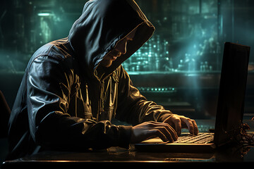 hacker sitting at the computer, cyber security and anti-spyware concept 