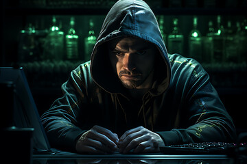 hacker sitting at the computer, cyber security and anti-spyware concept 