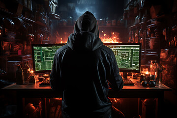 hacker sitting at the computer cyber security and antispyware concept 