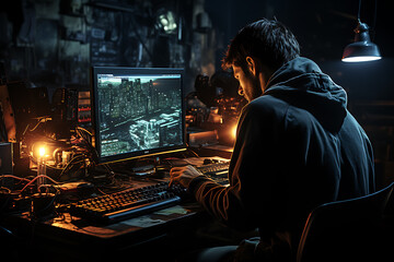 hacker sitting at the computer cyber security and antispyware concept 