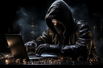hacker sitting at the computer cyber security and antispyware concept 