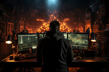 hacker sitting at the computer cyber security and antispyware concept 
