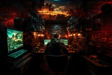 hacker sitting at the computer cyber security and antispyware concept 