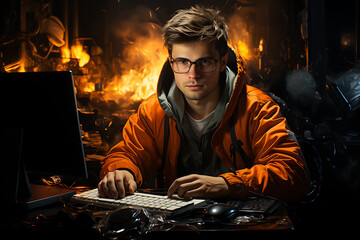 hacker sitting at the computer cyber security and antispyware concept 