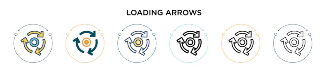 Loading arrows icon in filled, thin line, outline and stroke style. Vector illustration of two colored and black loading arrows vector icons designs can be used for mobile, ui, web