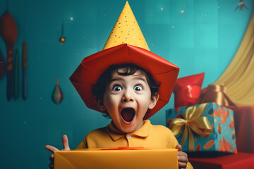 innocent excitement shines in a child's eyes, clad in a festive hat, unveiling a brightly wrapped su