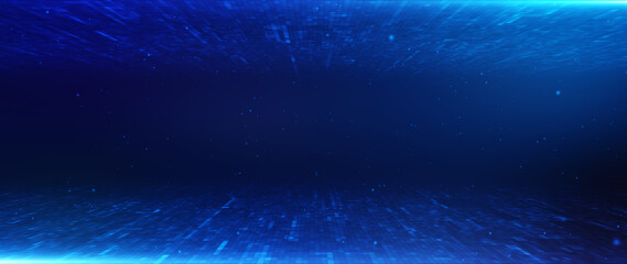 Wall Mural - perspective grid digital abstract background shining blue floor ground particles stars dust with fla