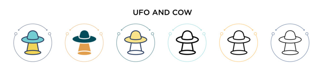 Ufo and cow icon in filled, thin line, outline and stroke style. Vector illustration of two colored and black ufo and cow vector icons designs can be used for mobile, ui, web