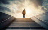 Fototapeta Sawanna - Ambitious business man climbing stairs to success