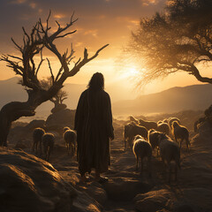 Illustration of Jesus with a herd of sheep at sunset with glowing sun