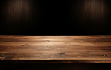 An empty wooden table for presentation with a dark background and isolated recessed lighting