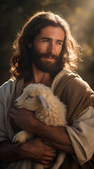 Canvas Print - Jesus Christ is a good shepherd. Jesus is holding a lamb in his arms. Religious Christian Illustration for Publications