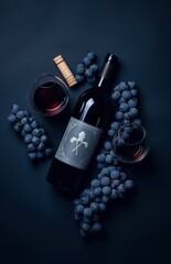 Bottle of red wine, grapes and blue glass on blue background