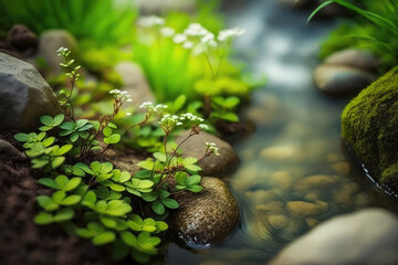 Wall Mural - Beautiful spring detailed close up stream of fresh water with young green plants, generative AI