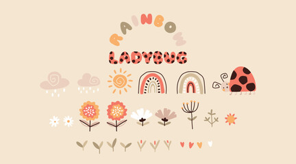 Sticker - Rainbow ladybug natural childish vector set with flowers, clouds and rain. Hand-drawn doodle illustration in simple scandinavian style. Gender neutral nursery print. Ideal for kids design.