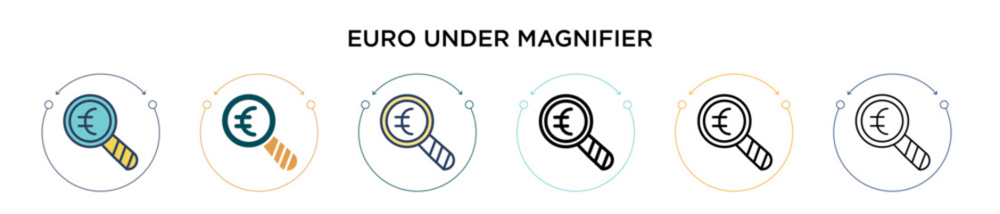 Wall Mural - Euro under magnifier icon in filled, thin line, outline and stroke style. Vector illustration of two colored and black euro under magnifier vector icons designs can be used for mobile, ui, web