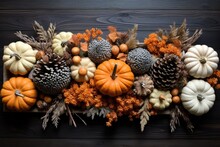 Top View Autumnal Display Of Pumpkins, Pine Cones And Leaves On A Wooden Tray, Generative Ai