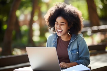 Wall Mural - Happy excited African Black girl college student celebrating reading admission email looking at laptop computer, getting application approval, good news about scholarship. generative AI