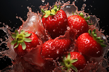 Wall Mural - Explosion of taste, strawberry on a black background in a splash of juice, refreshing juicy fruit concept