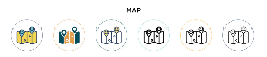 Wall Mural - map icon in filled, thin line, outline and stroke style. vector illustration of two colored and blac